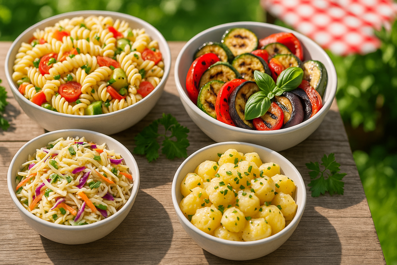 Accompagnements barbecue préparés à l'avance dans bols blancs avec salade pâtes, légumes marinés, coleslaw et houmous