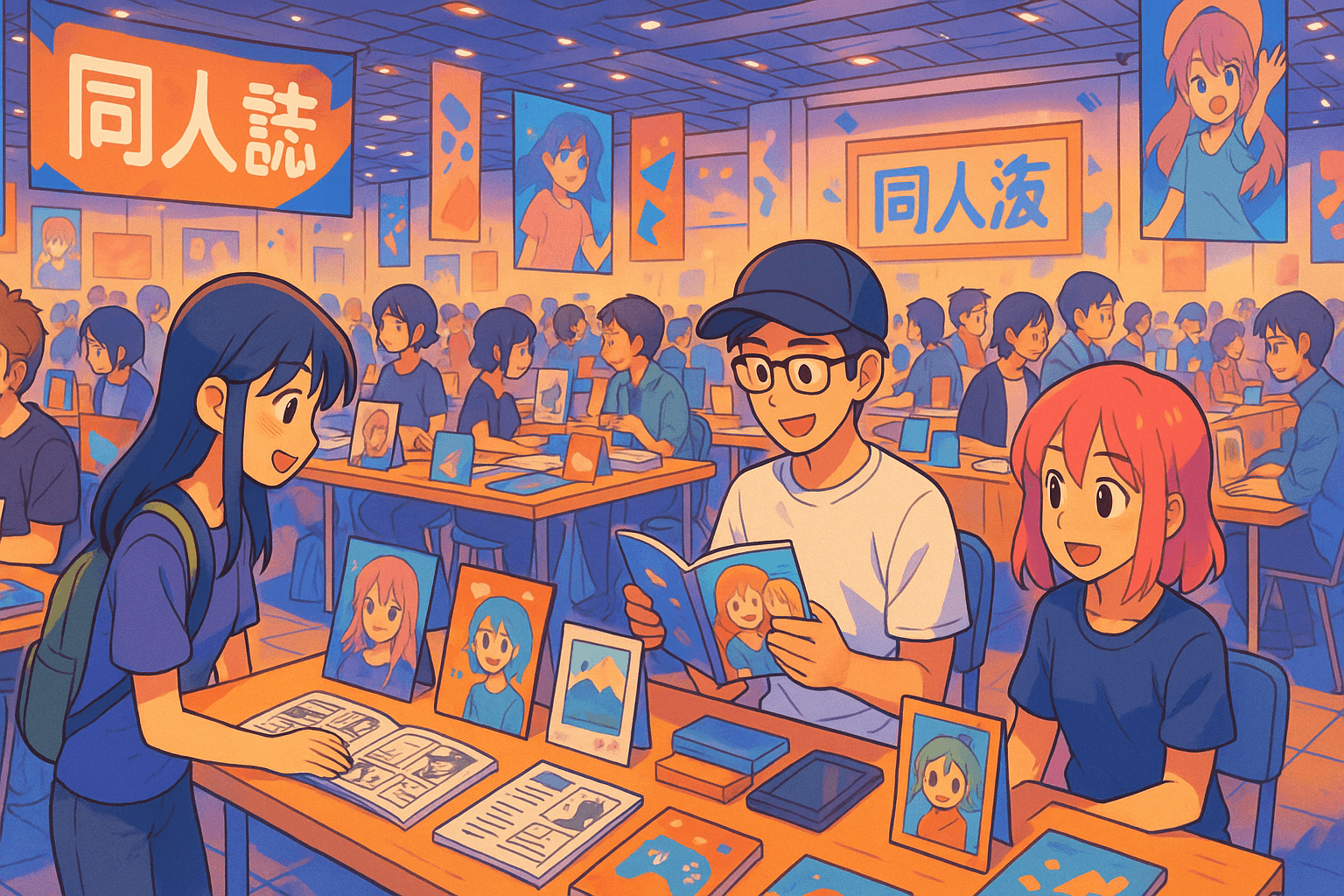 Illustration représentant la culture doujin japonaise avec des créateurs amateurs et leurs publications lors d'une convention de type Comiket