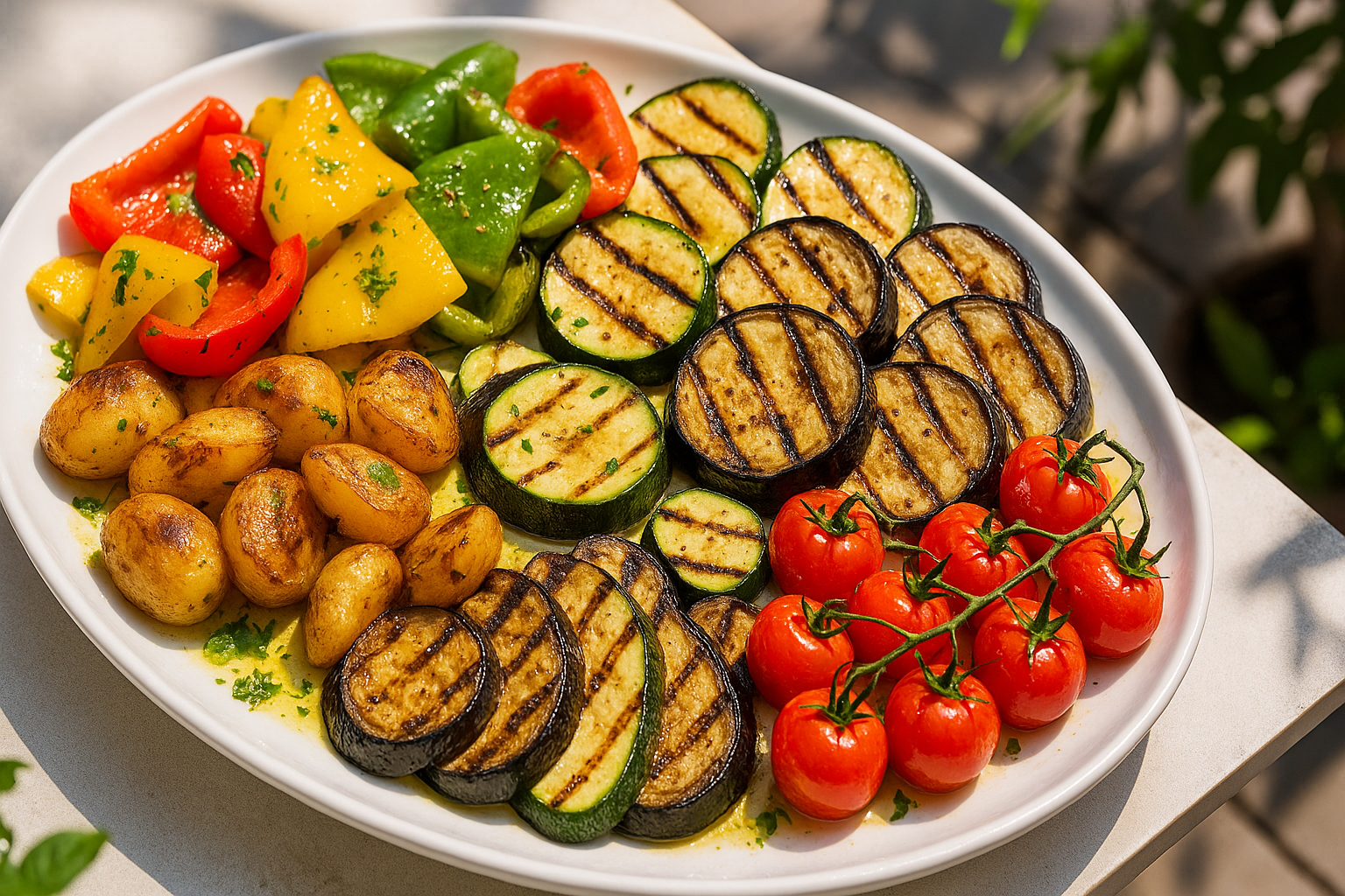 Légumes colorés grillés à la plancha avec poivrons, courgettes, aubergines, tomates cerises et pommes de terre grenaille dorées